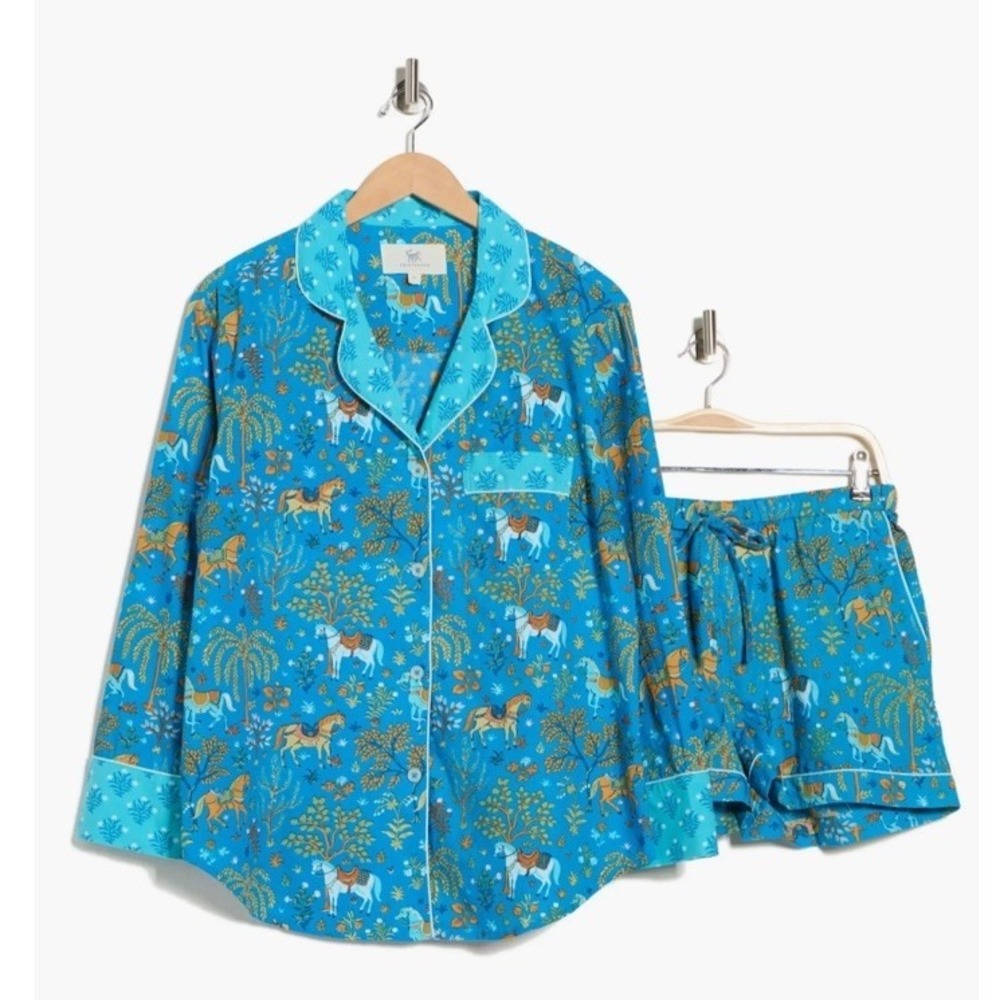 PRINTFRESH Pajama Poplin Short Set Size 4XL Blue Green Print Horse NWT Organic
